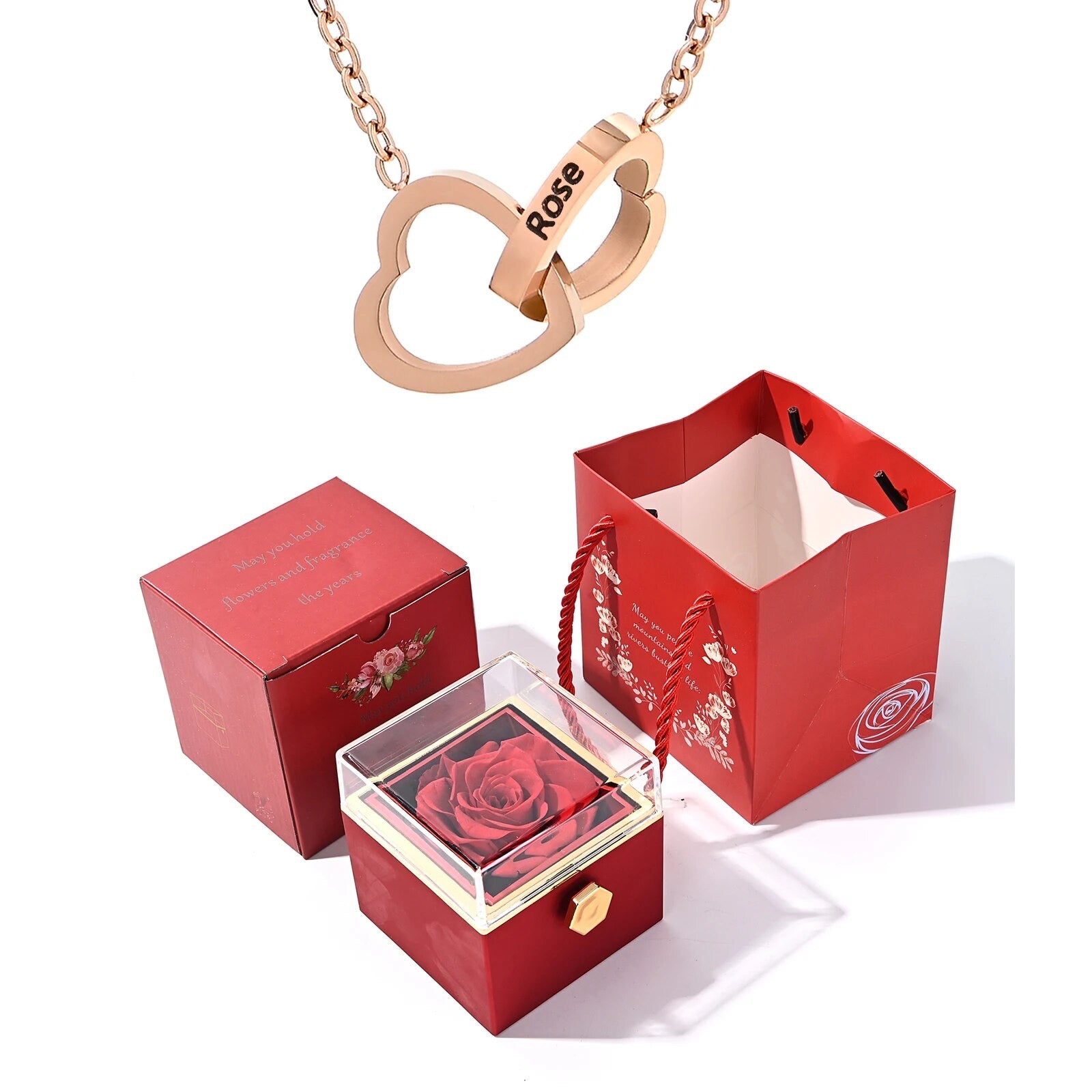 Eternal Rose Box - w/ Engraved Necklace & Real Rose. Bay Blue / Gold / Regular