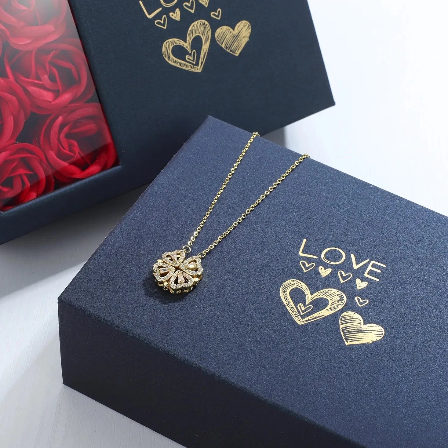 Clover Hearts Necklace Rose Gift Box